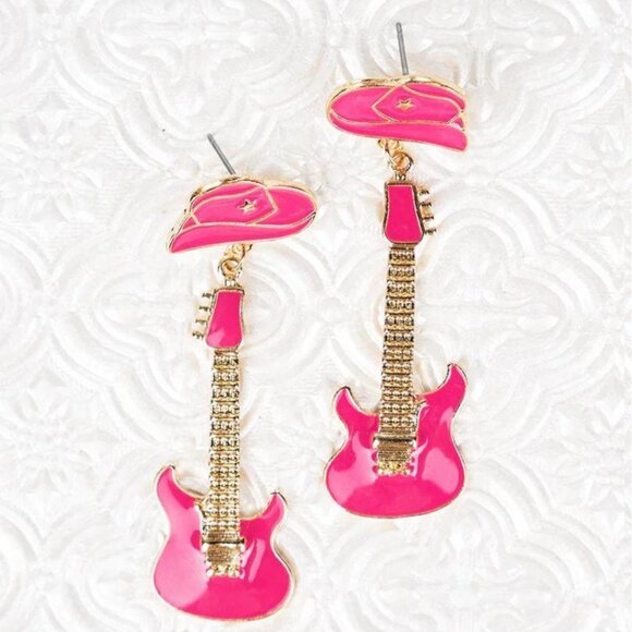 CRYSTAL AVENUE Pink Rock & Roll Cowgirl Guitar Earrings NWT - Picture 1 of 3
